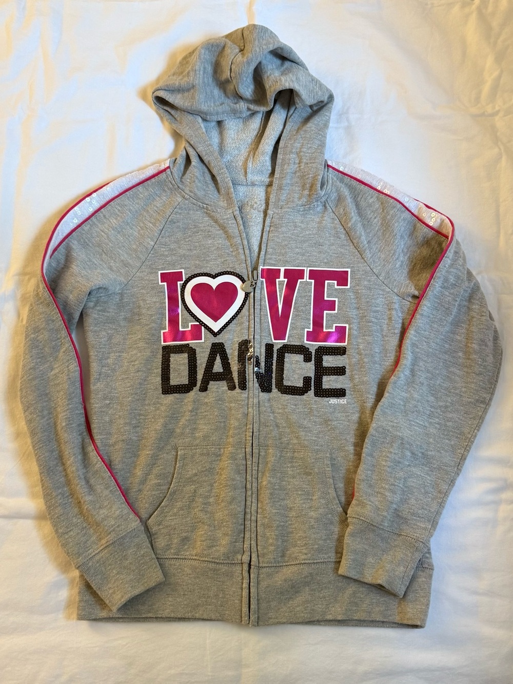 2013 Justice zip up hoodie with pink and black 'LOVE DANCE' graphic size 12